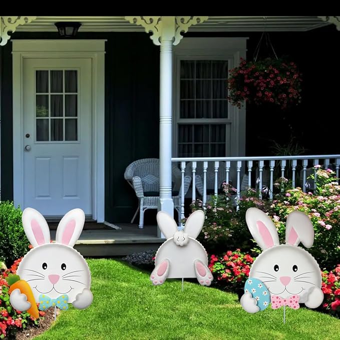 Easter outdoor decorations,Bunny Yard Signs,3D Sculptures,Easter Yard Stakes,Set of 3,Durable Weather-Resistant Design, Rabbits Garden Stakes for Home Outside Lawn, Garden, Patio, Outdoor Decor