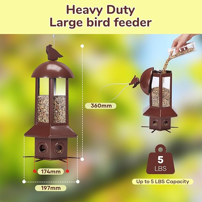Professional Squirrel Proof Bird Feeders - Sorflife Large Capacity 5.06 lbs, Reliable and Rust Resistant Metal Bird Feeding Station for Prevents Squirrels from Stealing Food and Easy Refilling Brown