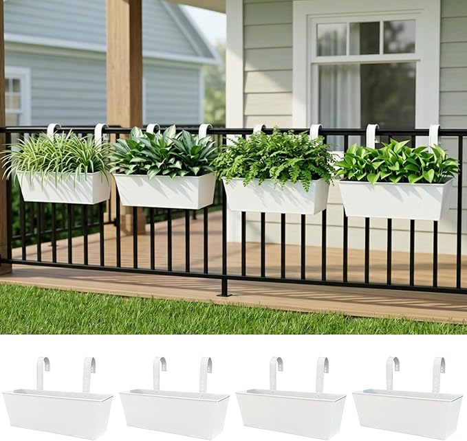 LaLaGreen Rail Planter (16 Inch, 4 Pack) Rectangular Metal Metal Hanging Flower Pots Railing Fence Balcony Gardening for Apartment Patio Planters Garden Style Iron Outdoor Deck Decoration Porch Decor
