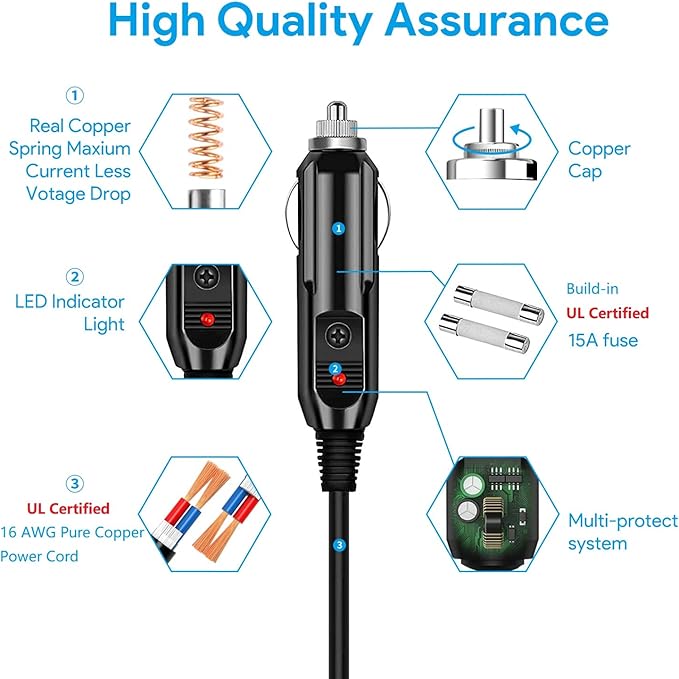 Car Charger Compatible with BLUETTI Car Charging Cable EB3A / EB70 / EB70S / AC50S Portable Power Station Solar Generator 6.6 Feet 16AWG UL Certified DC Power Cord & 15A Fuse