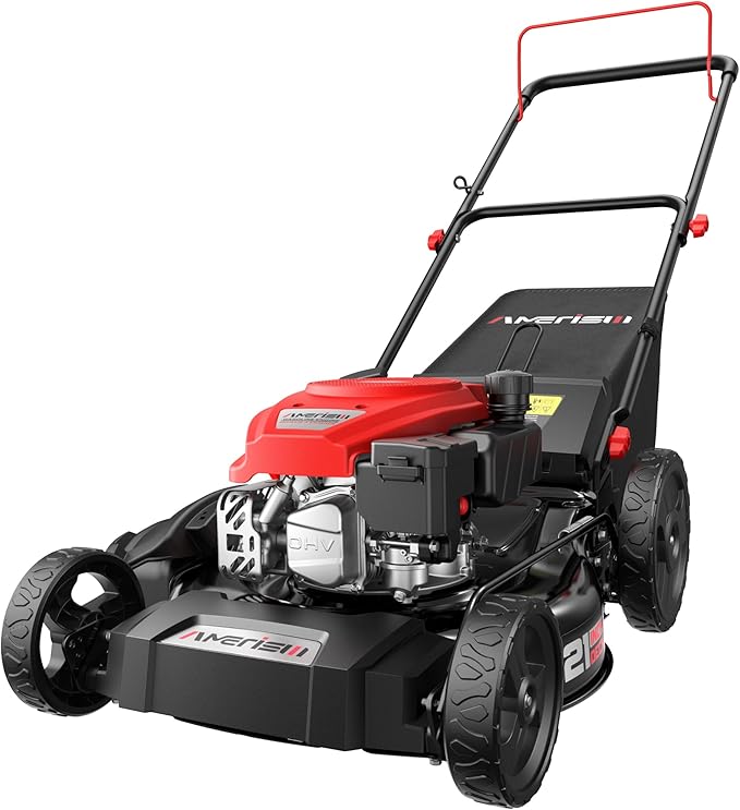 AMERISUN 21" Push Gas Lawn Mower, 3-in-1 Gas Lawnmower, 144cc 4-Stroke OHV Engine, 6 Height Adjustment, 1.4 Bushel Grass Catcher with Bagging, Mulching & Side Discharge Efficient Steel Deck