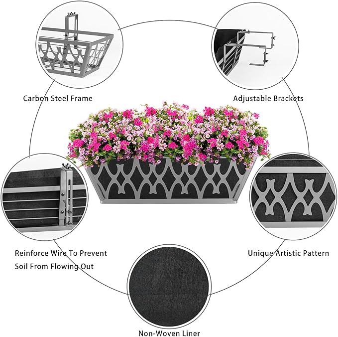 4 Pack 16 Inch Window Boxes Planters Railing Planter Box with Adjustable Brackets & Non-Woven Fabric Plant Grow Bags Deck Railing Planter Boxes Balcony Hanging Flower Box for Outdoor Plants