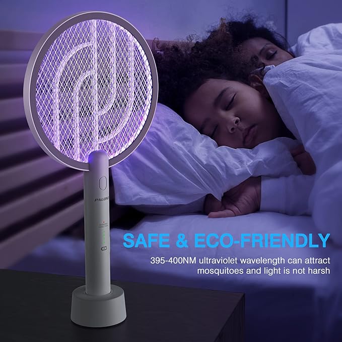 PALONE Electric Fly Swatter 4000V Bug Zapper Racket, Dual Modes Mosquito Killer with Battery, Rechargeable Mosquito Killer Lamp with 3 Layers Safety Mesh for Indoor and Outdoor, White 1P