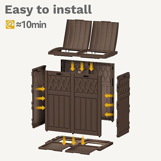 DWVO 76 Gallon Garbage Dual Can, Resin Outdoor Trash Can with Tiered Lid and Drip Tray, Waterproof Trash Bin for Patio, Kitchen, Backyard(Brown)