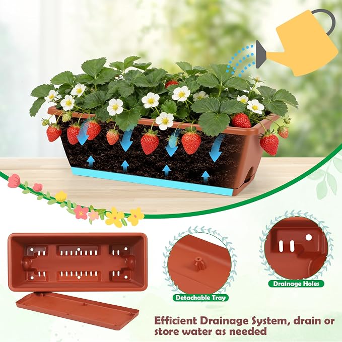 6 Pack Railing Planter Boxes Outdoor Window Boxes Planter with Drainage Holes, Plastic Garden Fence Planters with Metal Brackets for Deck, Balcony, Patio, Brick Red