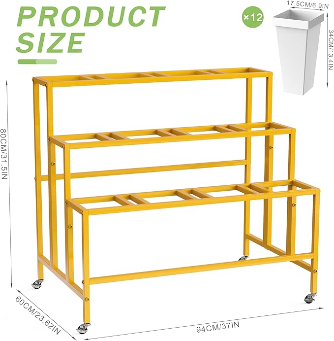 VGMiu Flower Display Stand with 12 Buckets, Flower Cart 3 Layers Gold Metal Flower Bar Stand with Wheels, Moving Florist Bouquet Shelf for Weddings Florist Indoor Outdoor Patio Garden Living Room
