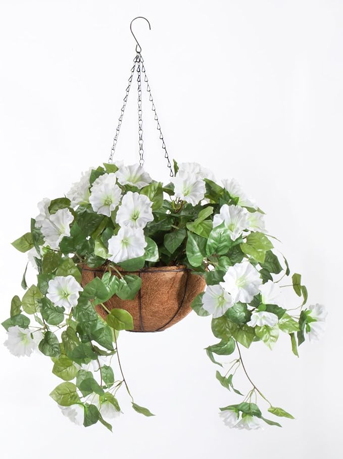 OakRidge Miles Kimball Fully Assembled Artificial Petunia Flower Hanging Basket, 10” Diameter and 18” Chain – Polyester/Plastic Flowers in Metal and Coco Fiber Liner Basket for Indoor/Outdoor Use