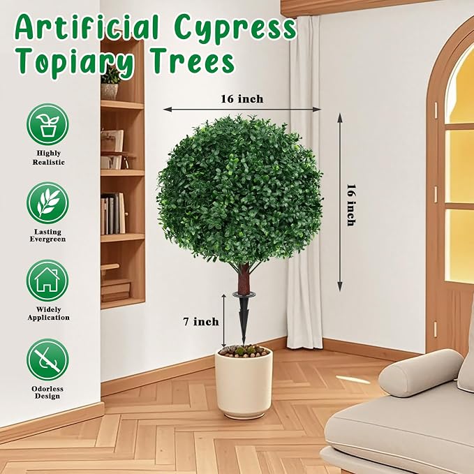 Grooy Artificial Boxwood Topiary Ball Tree with Ground Spike, Set of 4 Artificial Shrub Bushes, Fake Evergreen Tree for Porch, Artificial Plants for Outdoor Planters Indoor UV Resistant