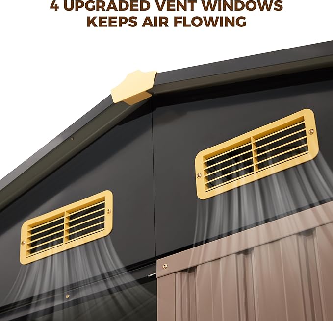 IRONCK 6×6 FT Shed, Galvanized Steel Tool Storage Shed with Lockable Double Doors & Ventilation, Outdoor Utility Storage for Wheelbarrow, Bikes, Yard Bins, Black Brown