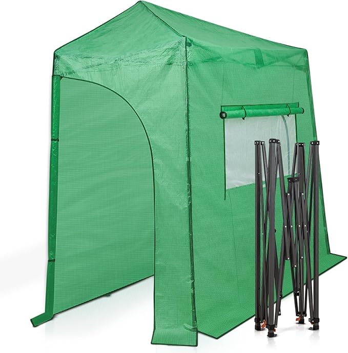 EAGLE PEAK 9x4 Portable Walk in Greenhouse, Pop Up Indoor Outdoor Greenhouse, Green House Kit with Zippered Roll-Up Doors and Windows, Lean-to Design, PE Cover, Clear/Green