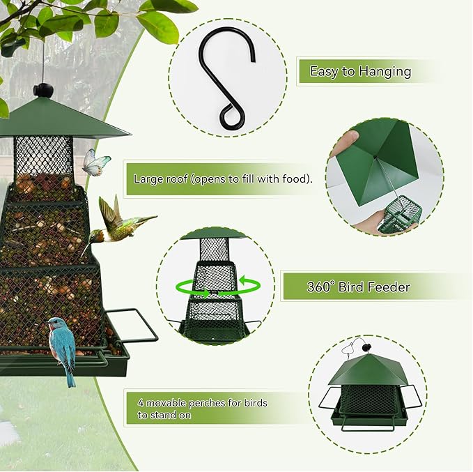 Green Metal Bird Feeder – Squirrel-Resistant Hanging Feeder with 4 Perches | Large Seed Capacity, 360° Mesh for Backyard & Garden
