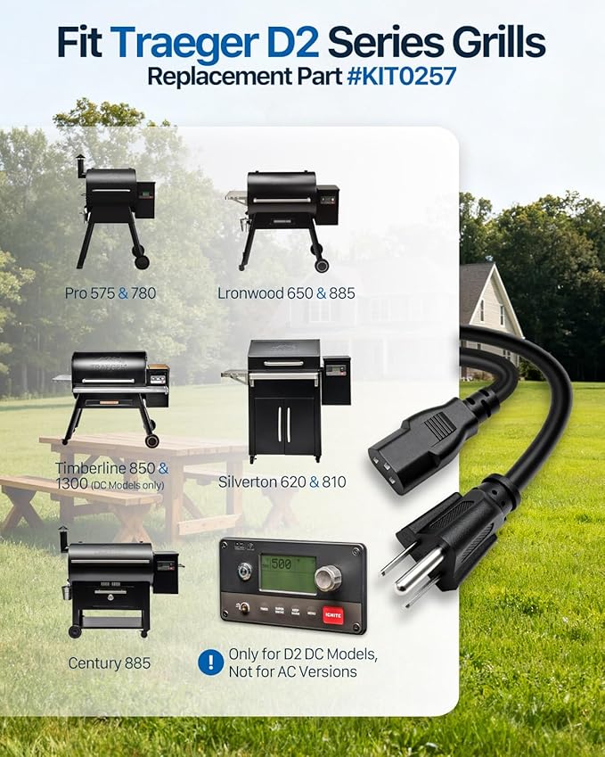Power Cord for Traeger D2 Grills KIT0257, 3-Prong US Cable Compatible with Pro 575 & 780, Ironwood 650 & 885, Timberline 850 & 1300, Silverton 620 & 810, Century 885, 6ft, 1pcs, Classic