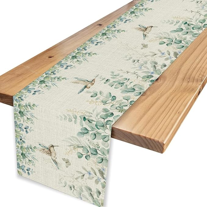 Floral Birds Table Runner, Rustic Boho Eucalyptus Leaves Watercolor Hummingbird Spring Seasonal Coffee Table Center Decor for Family Kitchen and Dining Farmhouse Party Table Decorations, 13"x72"