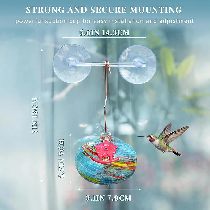 QFkris Blown Glass Hummingbird Feeder with Suction Cups for Window, Small Hummingbird Feeder with Flower Feeding Ports for Outside Garden Backyard Decor, Gifts for Women Mom(Blue)