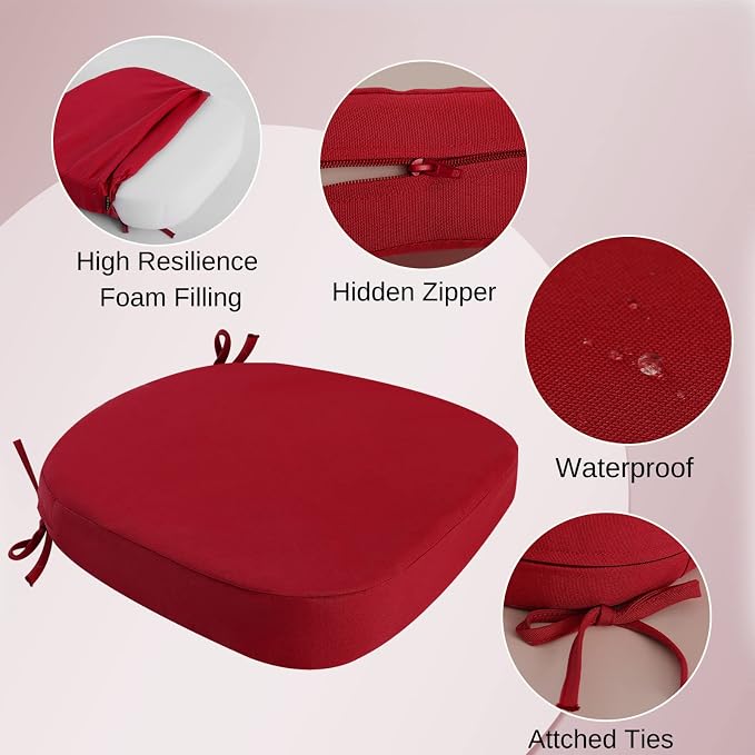 idee-home Outdoor Chair Cushions Set of 4, 17" x 17" Thick D-Shaped Patio Furniture Outdoor Seat Cushions Waterproof with Ties, Dining Pads