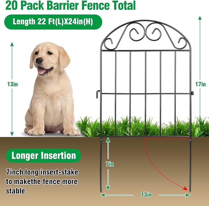 ADAVIN 20 Panels Collapsible Garden Fence Animal Barrier, 20 Ft(L) x 24 in(H) Black Rustproof Metal Wire Panel Border for Dogs Rabbits, Flower Edging for Landscape Patio Yard Outdoor Decor, Arched
