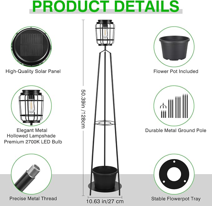 TOWPONICS 2-Pack 52.4'' Solar Lights Outdoor with Plant Stands, Solar Floor Lamp with Planter & LED Edison Bulbs, Patio Lights Outdoor Waterproof Garden Decor, Yard Porch Balcony Decoration