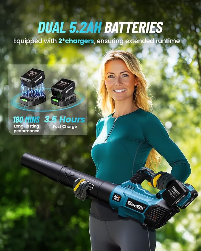 SEESII 40V Leaf Blower Cordless with 2 x 5200mAh Batteries and 2 Chargers, 680CFM 210MPH Electric Leaf Blower with Variable Speed Control, Handheld Battery Blower for Lawn Care, Dust and Debris
