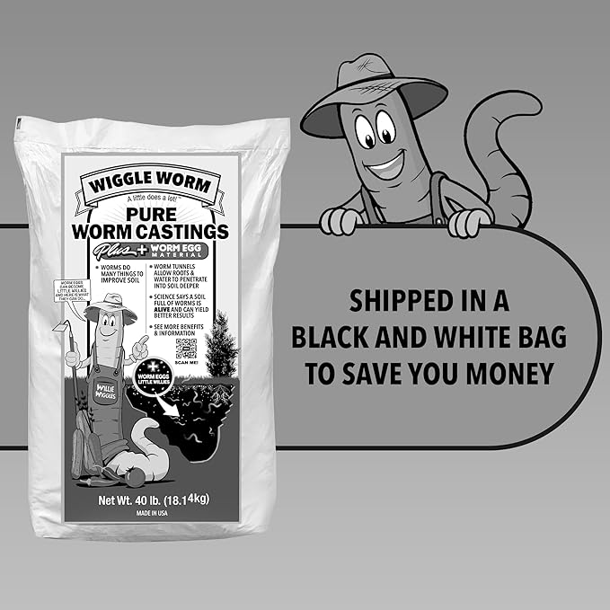 Wiggle Worm 100% Pure Worm Castings Plus Worm Egg Material, 40lbs - Fertilizer and Soil Amendment for Indoor and Outdoor Gardening to Improve Soil Fertility and Aeration - 100% Organic and Odor Free