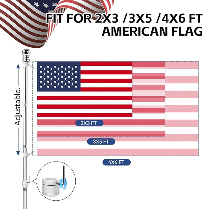 5 FT Flag Pole kit and American Flag 3x5ft with Pole Kit for Outside, Heavy Duty Flag Pole 5FT with 3x5ft American Flag, Stainless Steel Aluminum Multi-Position Flag Pole with Bracket Holder (silver)