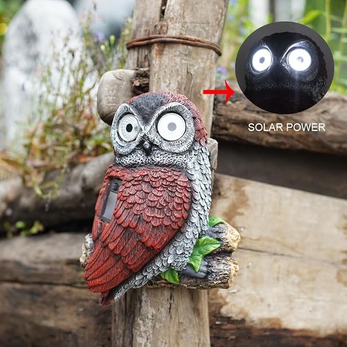 LED Solar owl wall Hanging Light, Outdoor Atmosphere Decoration lamp, Cute Resin owl Eye Glowing Garden Landscape Light.