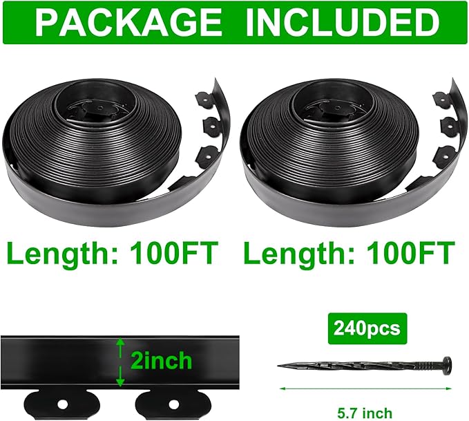 JERIA 2 Inch Tall 200 FT Garden Edging Kit with 240pcs Spikes, Plastic Edging for Landscaping