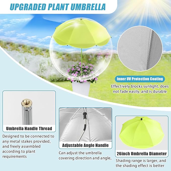 Axcoix 2 Pack Upgraded Plant Umbrellas for Outdoor Plants, 26" Larger Garden Plant Umbrella Shade with Adjustable Angle, 43.4" Higher Sun Shade for Plants, Potted Plant, Garden Beds (Green, Orange)