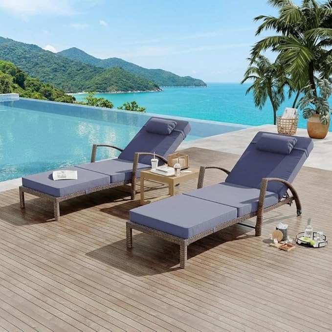 Garvee Outdoor Chaise Lounge Set of 2, 5-Position Adjustable PE Wicker Reclining Chairs with Wheels & 3.5" Cushions, 400 lbs Capacity All-Weather Patio Furniture for Poolside, Garden, Beach(Blue)