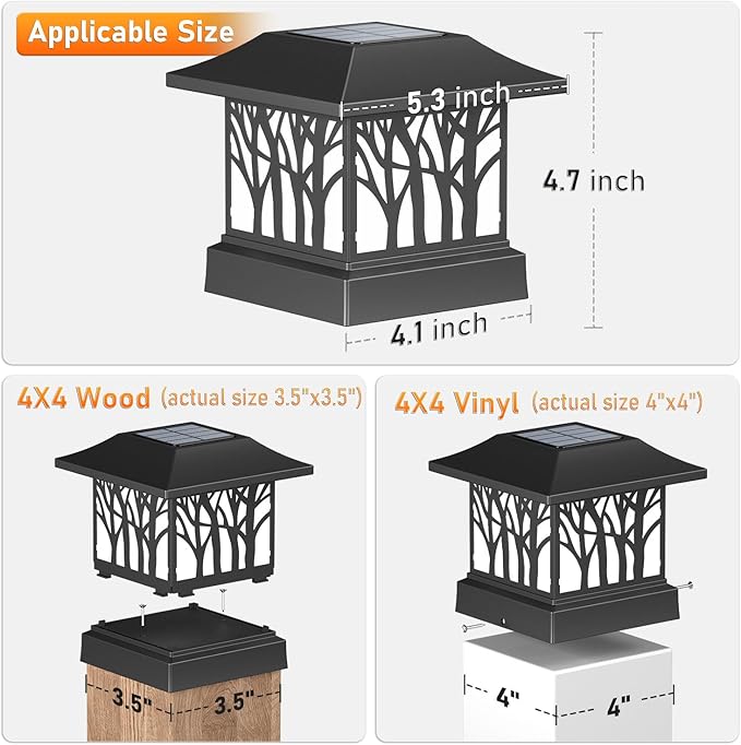 2 Pack Solar Post Cap Lights, Outdoor Fence Solar Powered Cap with 4 Lighting Modes Waterproof Light Decorative for Deck Patio or Garden Decor, Fits 4x4 Wood Vinyl Posts (Tree-Pattern Design)