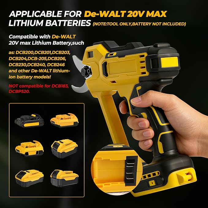 Cordless Electric Pruning Shears Compatible with De-W-alt 20V MAX Batteries (Tool Only), 2 Inch 600W Brushless Motor, SK5 Blades, LCD Display, Auto Sleep Mode,Replacement Blades Included