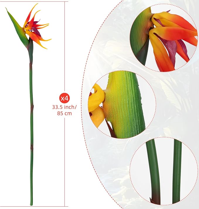 4 Pcs 33.5inch Artificial Birds of Paradise Plant Faux Birds of Paradise Stems Long Stem Fake Tropical Plants for Wedding Party Home Table Centerpiece Indoor Outdoor Vases Decor (Orange)