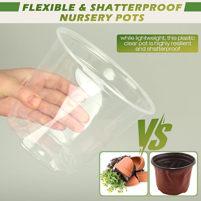 8 Inch Large Size Clear Nursery Pots with Drainage Holes, 10 Packs Plastic Pots for Plants, Transparency Durable Seedling Starter Pot for Succulents Flowers Herb Vegetables