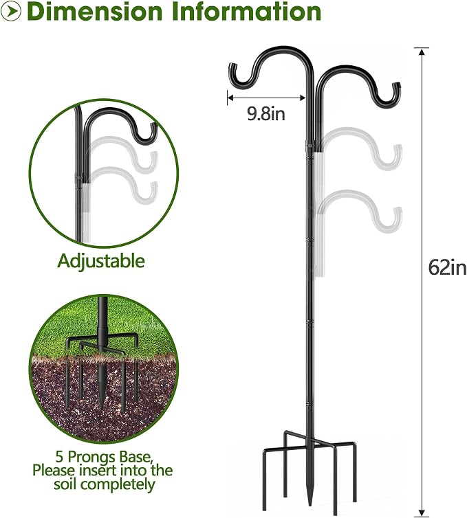 Double Shepherds Hooks for Outdoor, 60" Heavy Duty Bird Feeder Pole with 5 Prong Base, Adjustable Shepherds Hook for Bird feeders Outside, Garden, Weddings, Hanging Plants, 2 Pack, Black