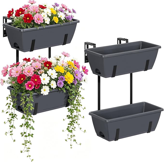 Deck Railing Planter Boxes 2 Tier Grey Window Boxes Planters Set of 2 with 4 Pack Rectangular Planter 16.9 Inch Outdoor Balcony Hanging Planters with Adjustable Brackets for Garden Porch Patio