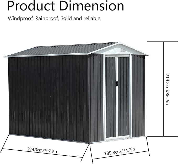 YOPTO 6x9FT Outdoor Storage Shed,Waterproof Metal Cabinet with Apex Roof and Lockable,Storage Sheds House Shelter w/Vents,Tool House for Storing Bicycles,Lawnmowers,Grey