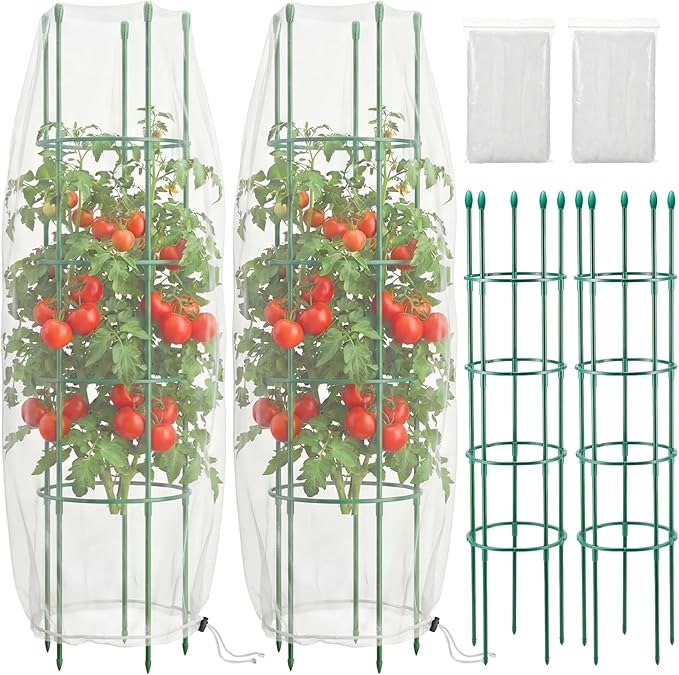 Qunclay 2 Pack Round Tomato Cages with 2 Pcs Garden Bird Netting Cover,57 in Adjustable 4-Tier Tomato Plants Trellis, Drawstring Plant Protection for Vertical Climbing Plants Vegetables Fruits