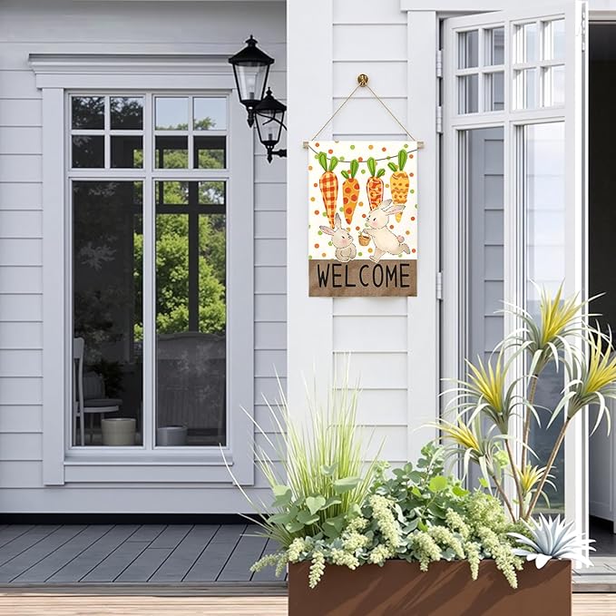 Large Easter Garden Flag 28x40 Inch Double Sided Welcome Bunny and Carrot Yard Flags Spring Outdoor Porch Decorations Farmhouse Easter Bunny House Banners for Lawn Patio Garden and Home Decor