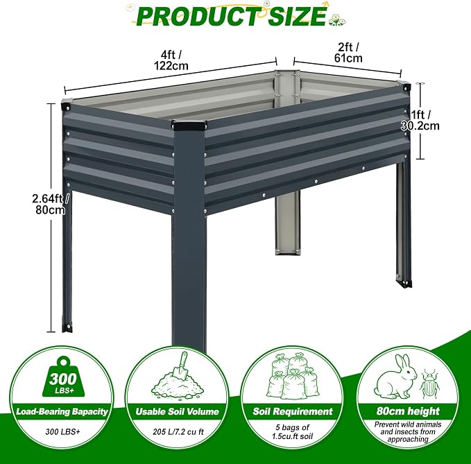 Galvanized Raised Garden Bed with Legs 2 Pack, 48x24x32in Elevated Raised Garden Bed Outdoor with Drainage Holes, Planter Boxes for Gardening Vegetable Flower Fruit in Backyard, Patio, Balcony (Grey)