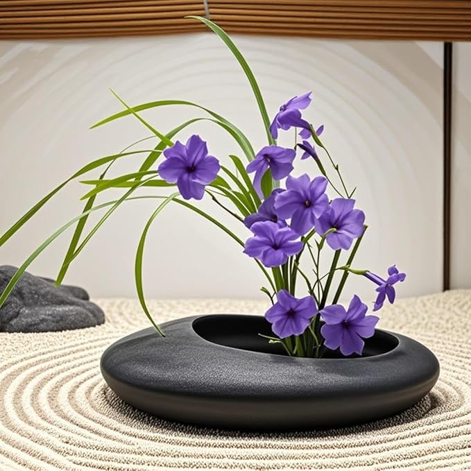 Ikebana Bowl Kit - Ikebana Vase (Japanese Flower Bowl Vase) with 1.8'' Floral Frog, Ikebana Set for Japanese Flower Arrangement (Black, 1.8'' Floral Frog Included)