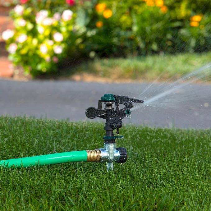 Melnor 65176AMZ Pulsating Sprinkler Set, 2 Pack, Waters Up to 85 Ft. Diameter, Metal Spike Base, Quick Connect Bundle, Black, Green