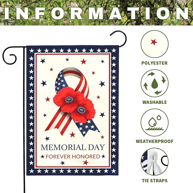 Memorial Day Garden Flag Forever Honored Patriotic Outdoor Yard American Flags Ribbon Poppy Honor Fallen Soldiers Military Remembrance House Banner Porch Patriotic Home Decor 12x18 Inch