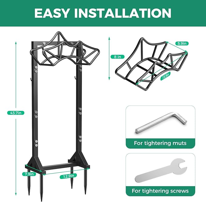 Garden Hose Holder Holds 160Ft Hoses, Heavy-Duty Freestanding Hose Reel with 2 Tool Hooks, Rustproof Freestanding Hose Stand with 4 Spikes Water Hose Hanger Storage Reel Rack for Outside, Yard, Lawn