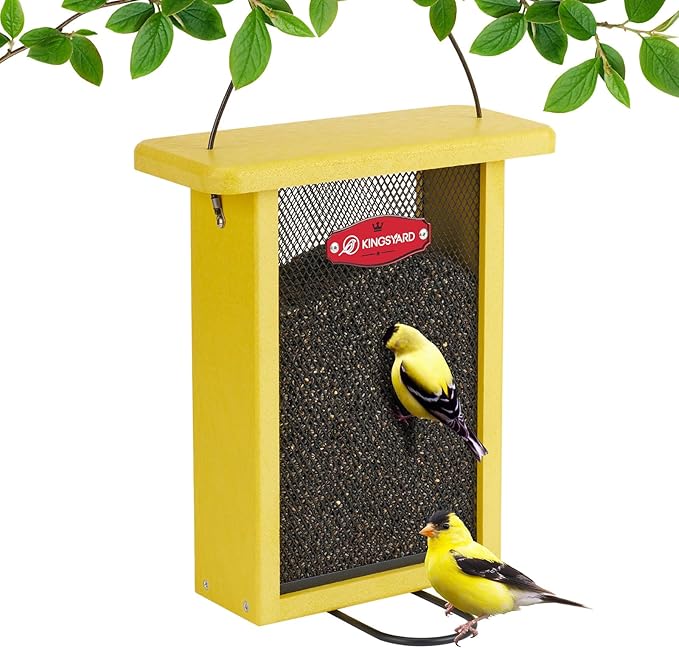 Kingsyard Finch Feeder for Outside Hanging, Metal Mesh Bird Feeders for Thistle/Nyjer Seed, Sliding Mesh & Built-in Perch, Recycled Plastic, Yellow
