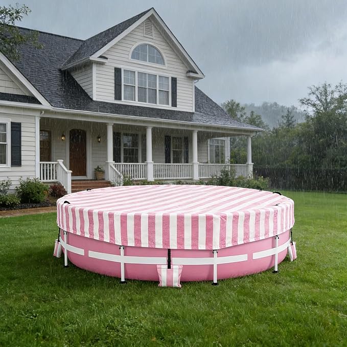 Solar Stock Tank Pool Cover, Waterproof Cover for 8 Feet by 30 Inches Large Round Metal Frame Above Ground Swimming Pool,with Tie-Down Ropes & 4 Sandbags,Increase Stability(Cover only,Pink)