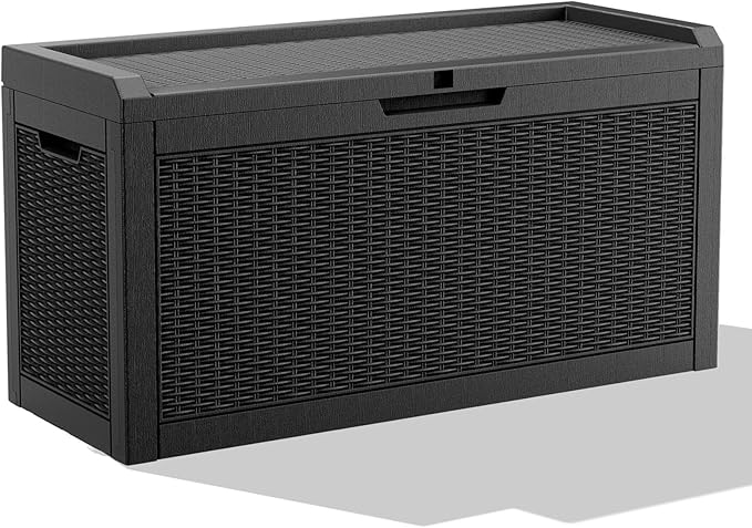 60 Gallon Outdoor Storage Box for Indoor & Outdoor Use, Waterproof Resin Rattan Deck Bin - Lockable & Fade Resistant - Ideal for Package Storage, Patio Cushions & Gardening Tools, Black
