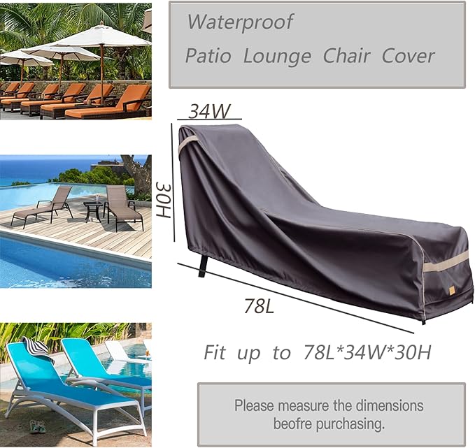 Patio Chaise Lounge Cover Waterproof, Heavy Duty Outdoor Lounge Chair Covers, Dark Grey Durable Patio Furniture Covers, 2Pack ,78"L*34"W*30"H