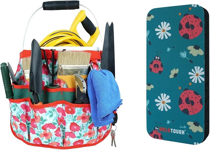 MELOTOUGH Bucket Caddy Organizer Bucket Tool Organizer for Garden Tools Fit 3.5 to 5 Gallon Bucket, Garden Kneeling Pad, 1" Thick Soft NBR Foam Kneeling Pads for Gardening, Cleaning, Work