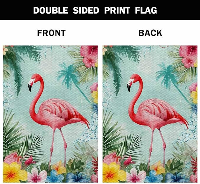AOYEGO Pink Flamingo House Flag 28 x 40 Inch Large Vertical Double Sided Summer Fresh Palm Trees Background Watercolor Flowers Seasonal Outside Décor for Garden Yard Farmhouse Flags