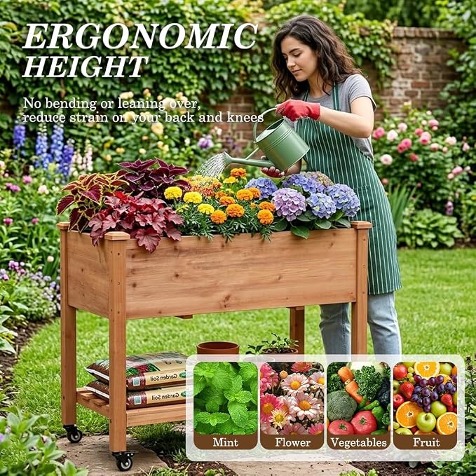 Raised Garden Bed with Lockable Wheels, 40x24x32 inch Elevated Wood Planter with Storage Shelf Protective Liner for Vegetable Flower Herb Outdoor Balcony Patio Backyard, Brown