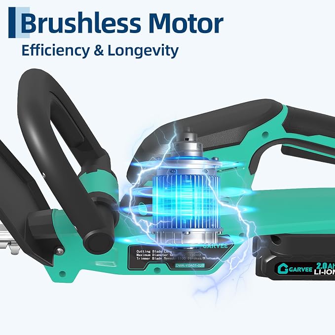 Garvee 22.4" Brushless Cordless Hedge Trimmer, 3000 SPM Dual Action Blade, Grass Shears with 2 x 2.0Ah Rechargeable Batteries, Professional Electric Bush Trimmer for Lawn Garden